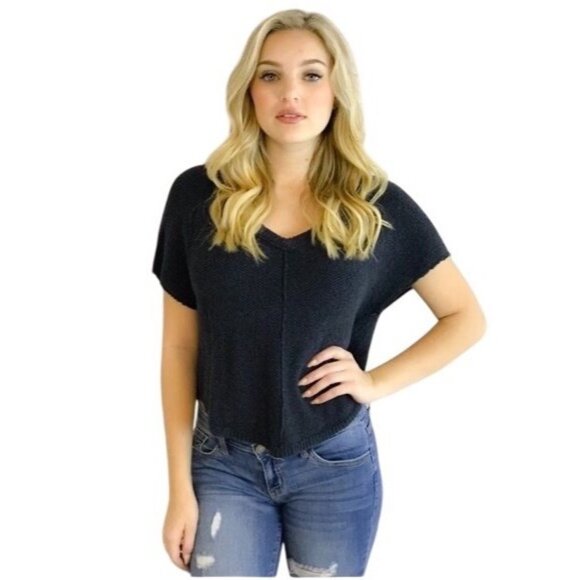 NWT Free People Charcoal Slouchy Slub Knit Short Sleeve Sweater Top - Picture 1 of 6